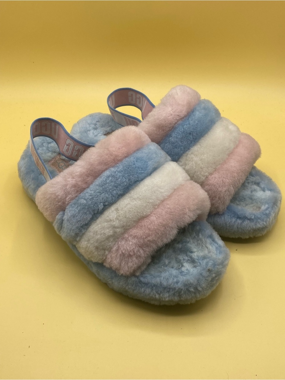 UGG Fluff Slide Sandals in Pastel Pink, Blue & Cream